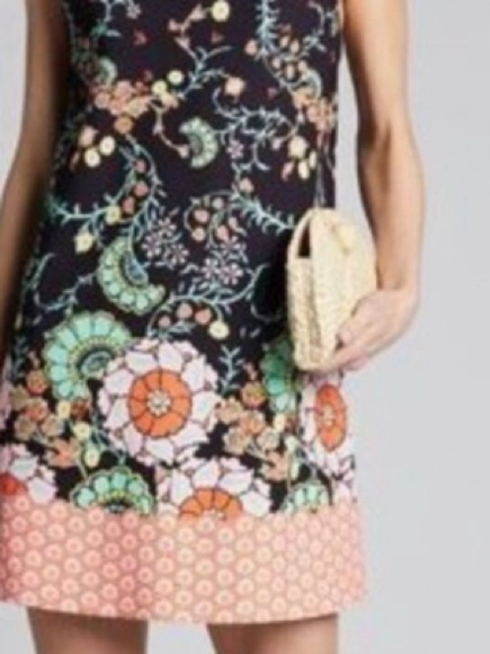 Alice + Olivia Black Mini Dress with Coral and Mint Floral Border